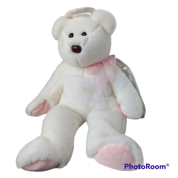 Halo Angel Bear Ty Beanie Buddies White Plush Brown Nose Iridesent Wings Clean - Picture 3 of 12